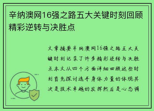 辛纳澳网16强之路五大关键时刻回顾精彩逆转与决胜点